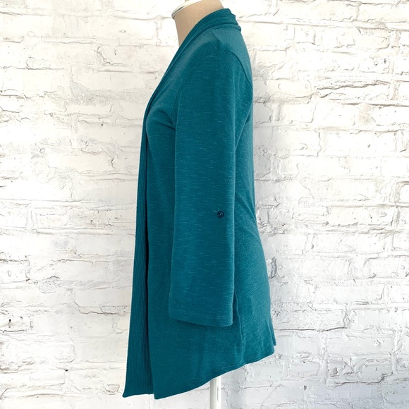 Cardigan sweater open front long blue green knit Small Bobeau - Picture 3 of 9